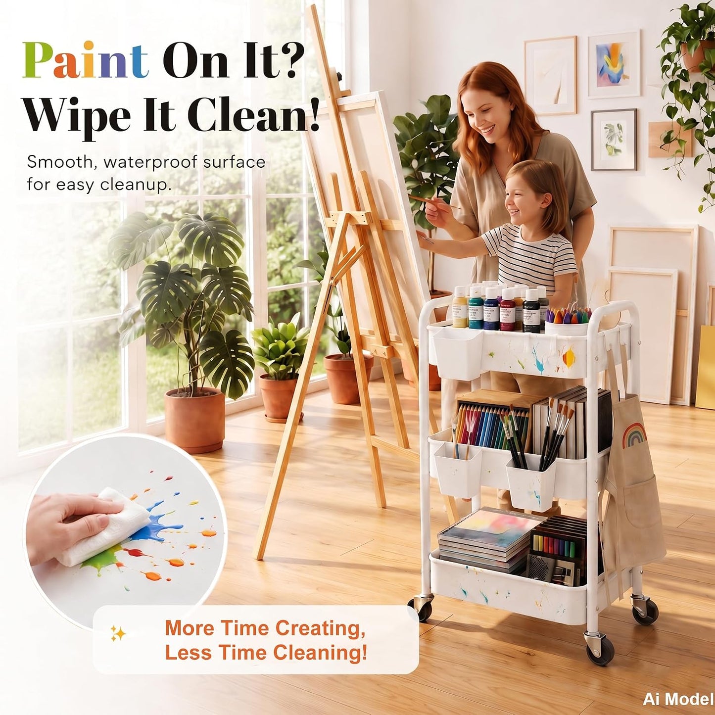 2 Tier Small Rolling Cart Metal with Wheels, White Under Desk Storage Cart on Wheels, Short Utility Roller Caddy Carts Organizer for Art,Craft,Pantry,Bathroom, Two Tiered Shelf Trolley,22 Inches Tall