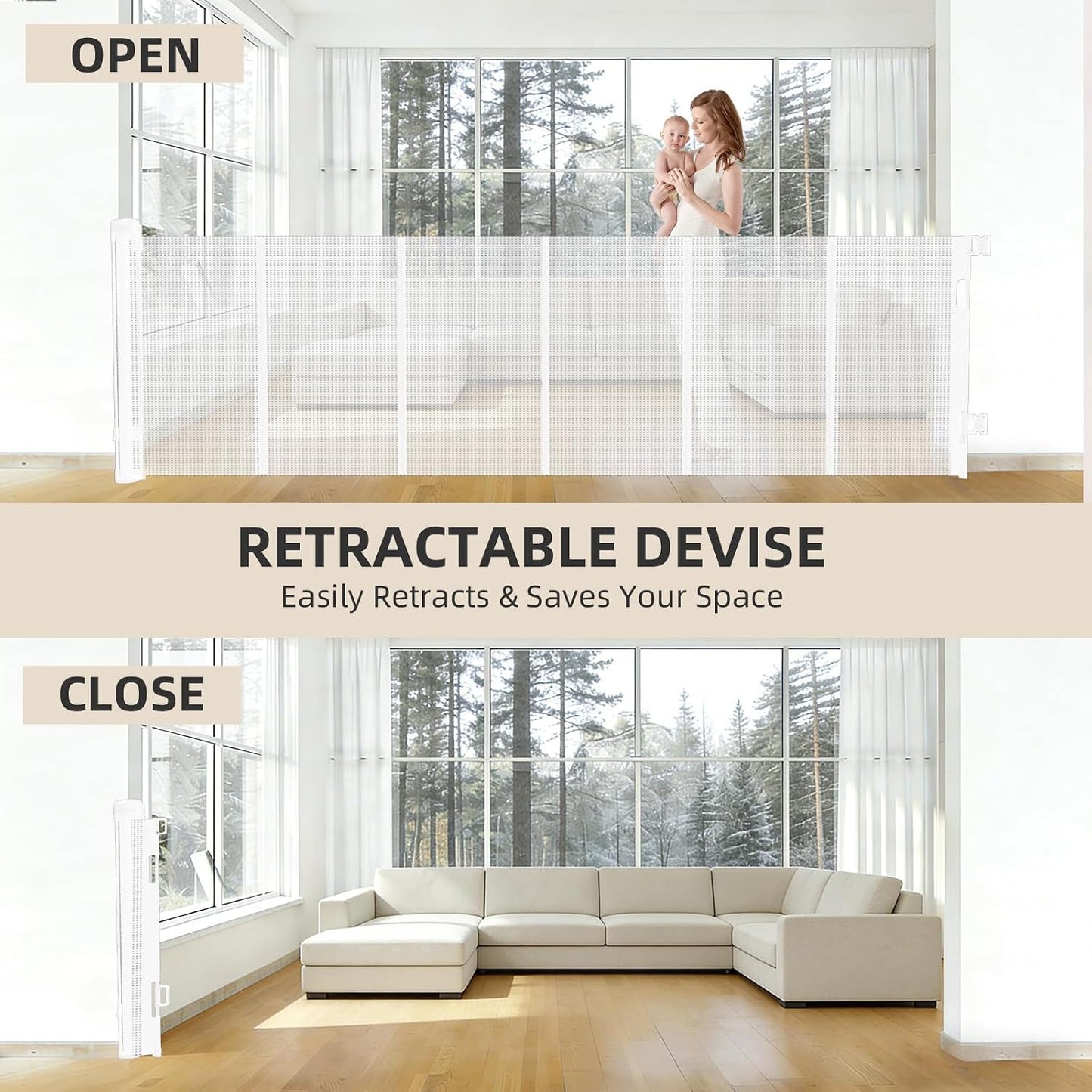 Retractable Baby Gate, 55 in Wide x 33 in Tall Mesh Dog Gate, Hardware Mounted Safety Gate with Double Lock for Doorways, Hallways, Indoor Outdoor, White