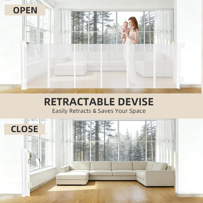 Retractable Baby Gate, 55 in Wide x 33 in Tall Mesh Dog Gate, Hardware Mounted Safety Gate with Double Lock for Doorways, Hallways, Indoor Outdoor, White