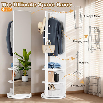 Full Length Mirror with Coat Rack & Storage, 360° Rotating Solid Wood Standing Floor Mirror with Shelves for Bedroom, Entryway, Dressing Room (Natural Wood, 66" x 18")