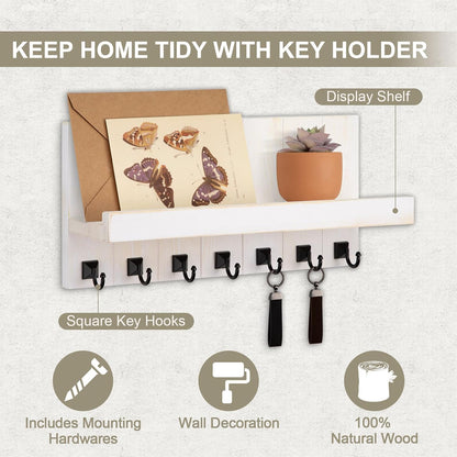 Key Holder for Wall, Decorative Key Holder with Shelf, Key and Mail Holder Wall Mount, Farmhouse Decor with 5 Key Hooks for Keys, Coats, ect.