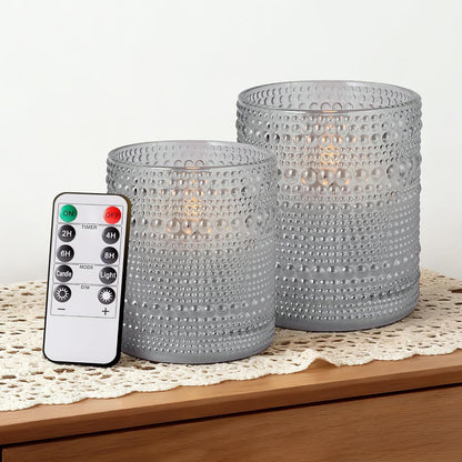 Dotted Glass Flameless Candles with Remote Timer, Real Wax Battery Operated LED Pillar Candles with 3D Flickering Flame for Festival Wedding Home Party Decor, 3" x 4", 4" x 5", Set of 2 (White)