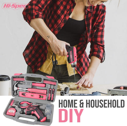 Hi-Spec Tool Kit with 3.6V USB Small Electric Screwdriver Set, Pink Drill Set for Women, Tool Kit for Home