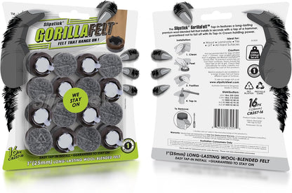 GorillaFelt Chair Leg Floor Protectors/Felt Chair Glides (Set of 16) Tap-On Felt Furniture Pads Guaranteed to Stay On, 1 Inch Round Chair Sliders
