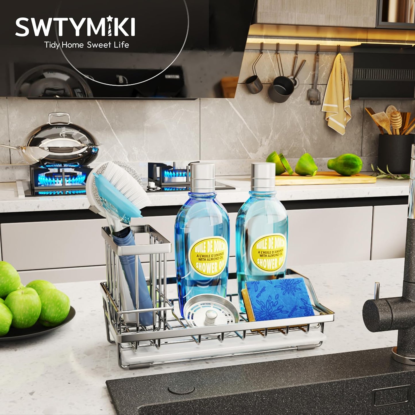 SWTYMIKI Sink Caddy Sponge Holder - Kitchen Sink Organizer with High Brush Holder for Countertop to Hold Dish Soaps and Sponges, Stainless Steel, Black