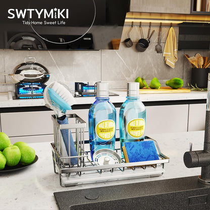 SWTYMIKI Sink Caddy Sponge Holder - Kitchen Sink Organizer with High Brush Holder for Countertop to Hold Dish Soaps and Sponges, Stainless Steel, Black