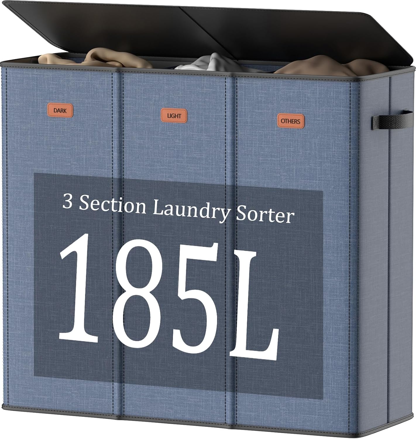 185L Laundry Hamper 3 Section with Lid, Grey Hamper 3 Compartment with 3 Removable Laundry Bags, Large Laundry Basket for Bedroom, Laundry Room, Dorm