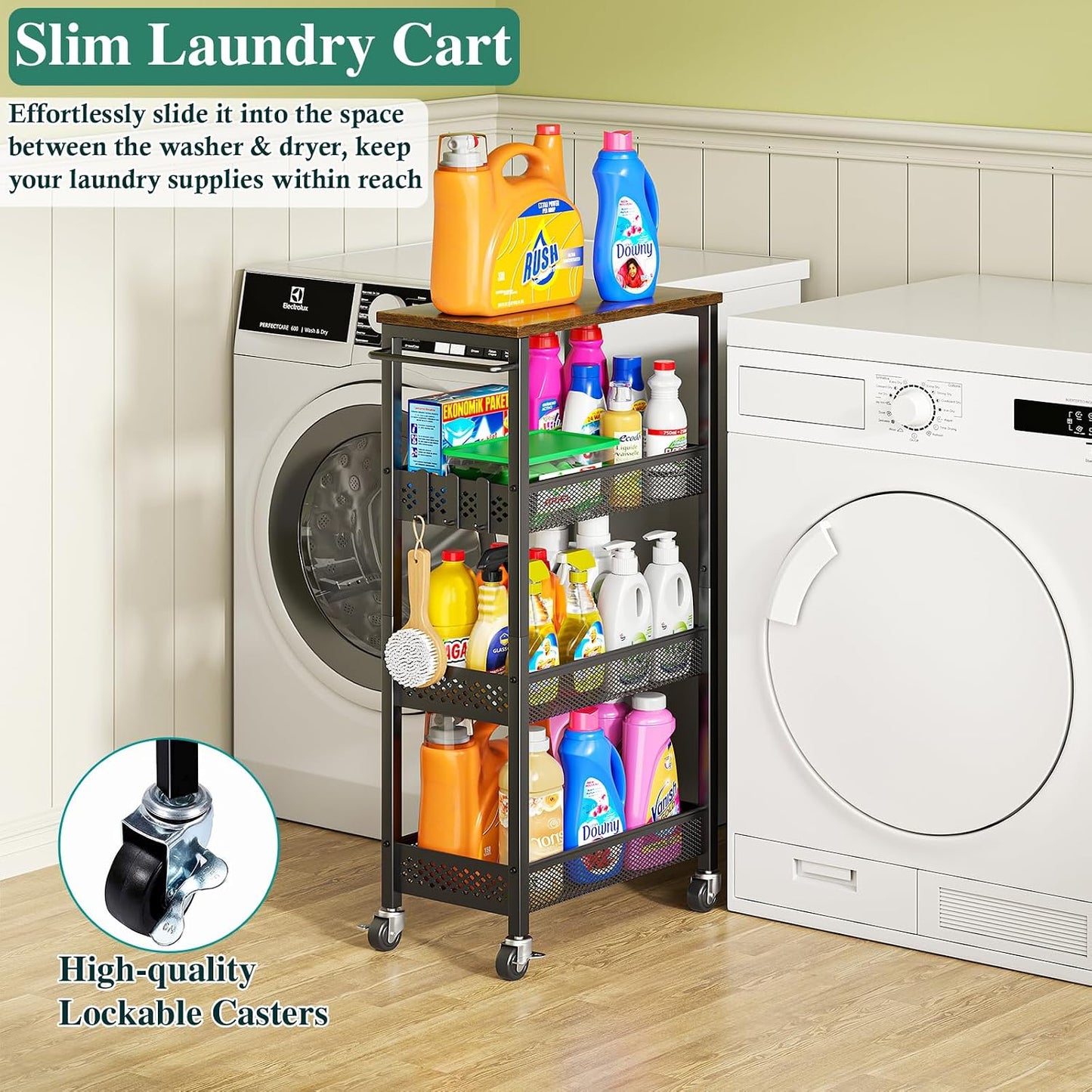 OKZEST Utility Slim Storage Cart, 4 Tier Small Rolling Kitchen Laundry Room Cart with Wood Top, Metal Narrow Bathroom Storage Cabinet Mobile Shelf Unit Organizer Trolley with Handle for Narrow Space