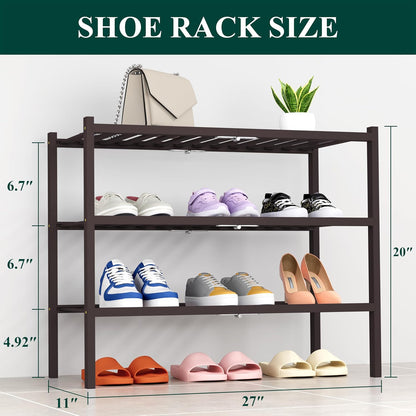 Smiry Bamboo Shoe Rack, 3 Tier Free Standing Wooden Shoe Organizer, Stackable Wood Shoe Storage Shelf for Closet, Entryway, 12 Vertical Slats, 2+1 Stack Standard Legs, 26.8"x11"x19.5", Natural