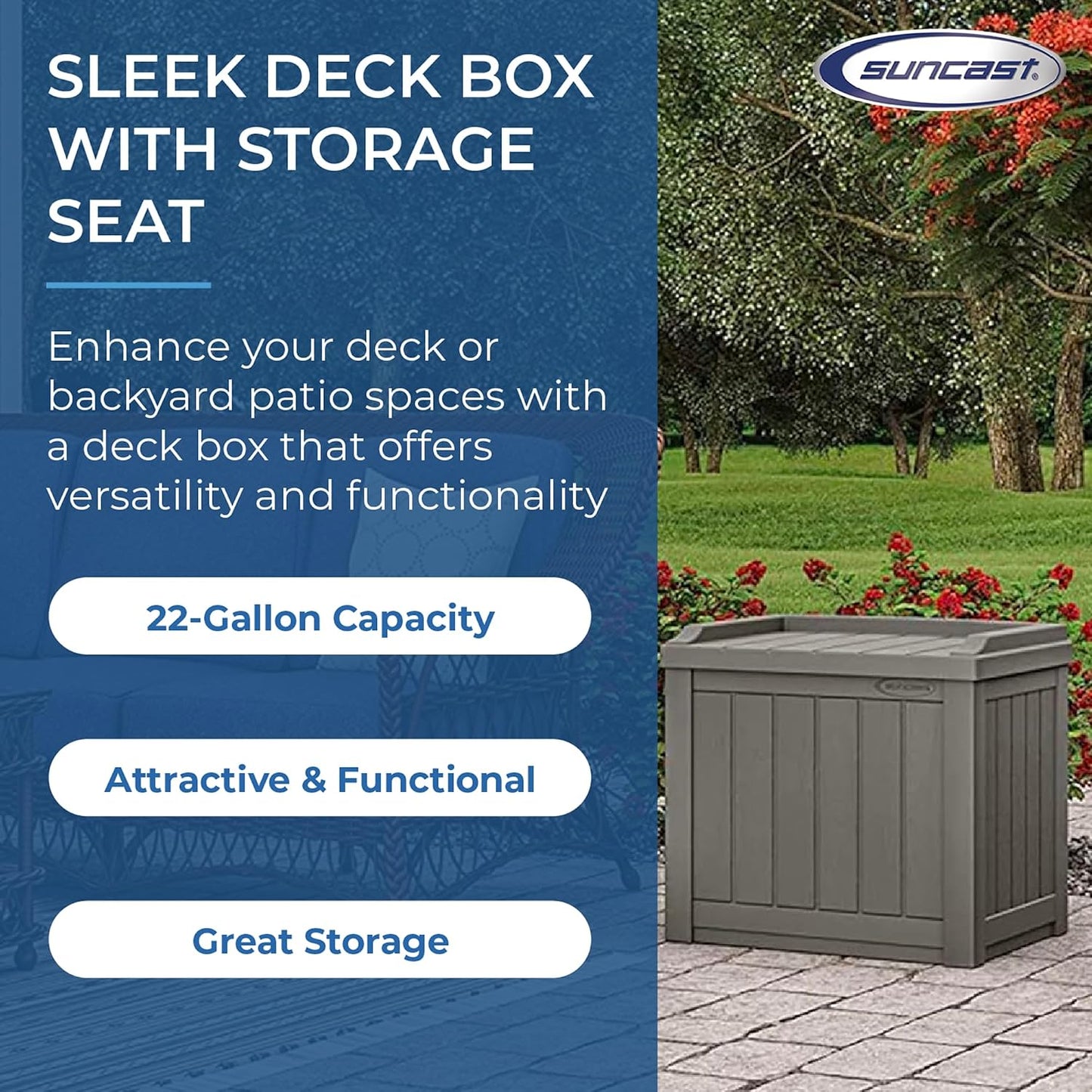 Suncast Outdoor Storage Box - 22 Gallon Stone Gray Resin Outdoor Deck Box with Seat, Weatherproof Patio Storage Bin Container for Keeping Cushions, Tools, & Towels for Pool, Yard, & Garden