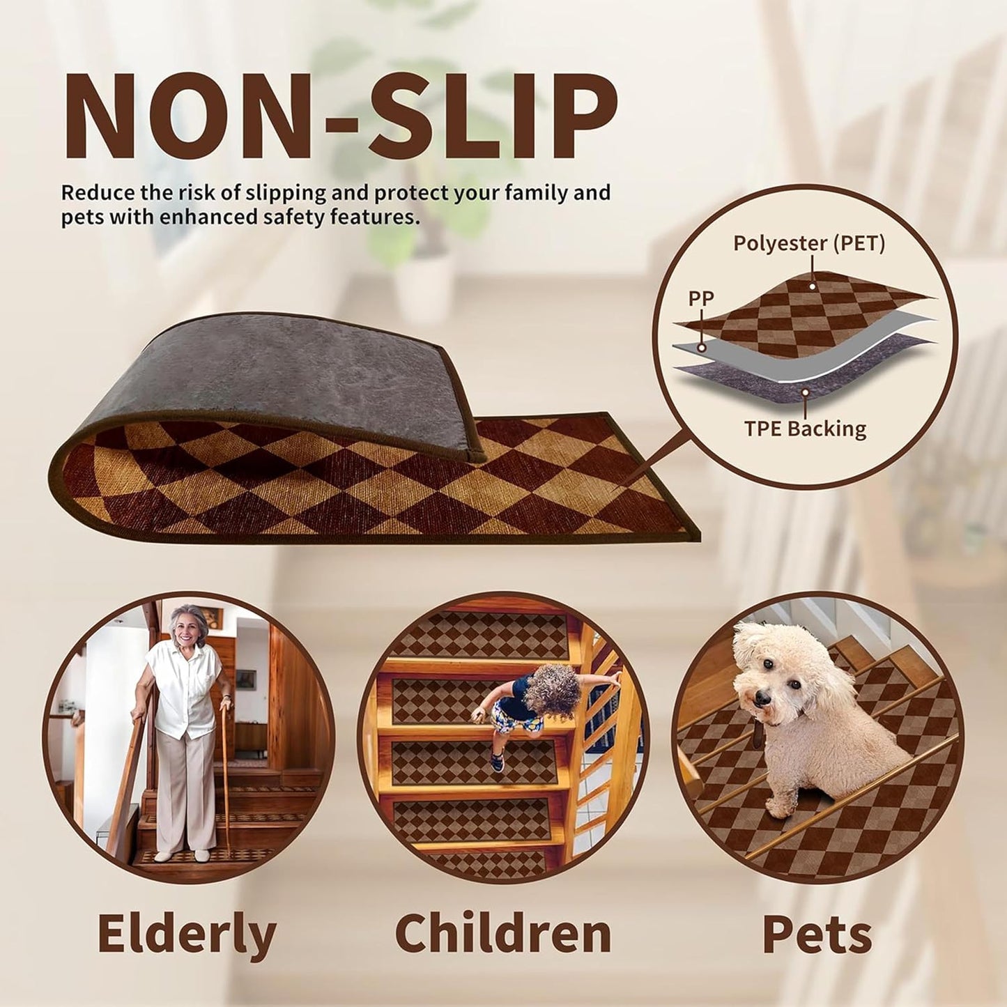 Non-Slip Carpet Stair Treads 15PCS, 8"x30" Peel and Stick Stair Runner for Wooden Steps Indoor, Washable Reusable Adhesive Backing, Pet-Friendly Safety Mats for Kids, Elders, Dogs