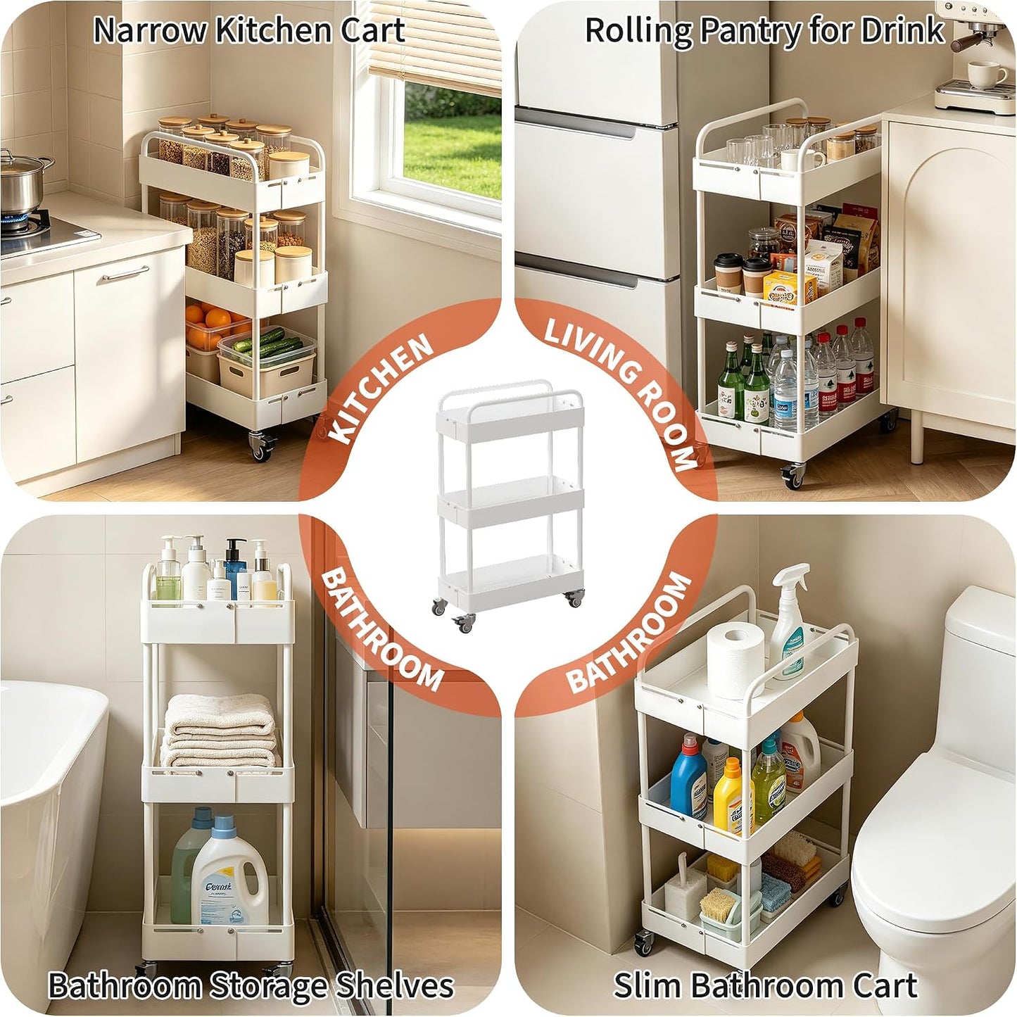 HOTEAGLE Three Tier Rolling Cart, Adjustable Width & High Adaptability | Metal Utility Storage Carts with Wheels, Ideal Storage Organizer for Livingroom, Kitchen and Bathroom