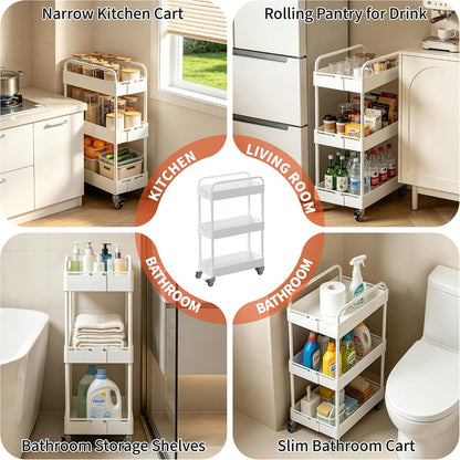 HOTEAGLE Three Tier Rolling Cart, Adjustable Width & High Adaptability | Metal Utility Storage Carts with Wheels, Ideal Storage Organizer for Livingroom, Kitchen and Bathroom