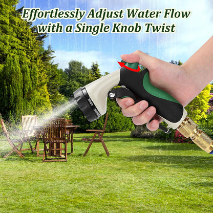 Garden Hose Nozzle, Heavy Duty Metal Water Nozzle with 8 Adjustable Spray Patterns, High Pressure Ergonomic Flow Control for Watering Plants, Lawns, Washing Cars, Pets, Black with Green