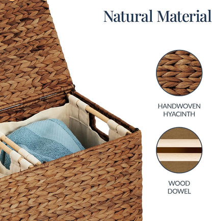 Best Choice Products Large Double Laundry Hamper with Lid, Natural Handwoven Water Hyacinth, 2 Sections w/ 2 Machine Washable Linen Liner Bags, Portable, Handles - Natural