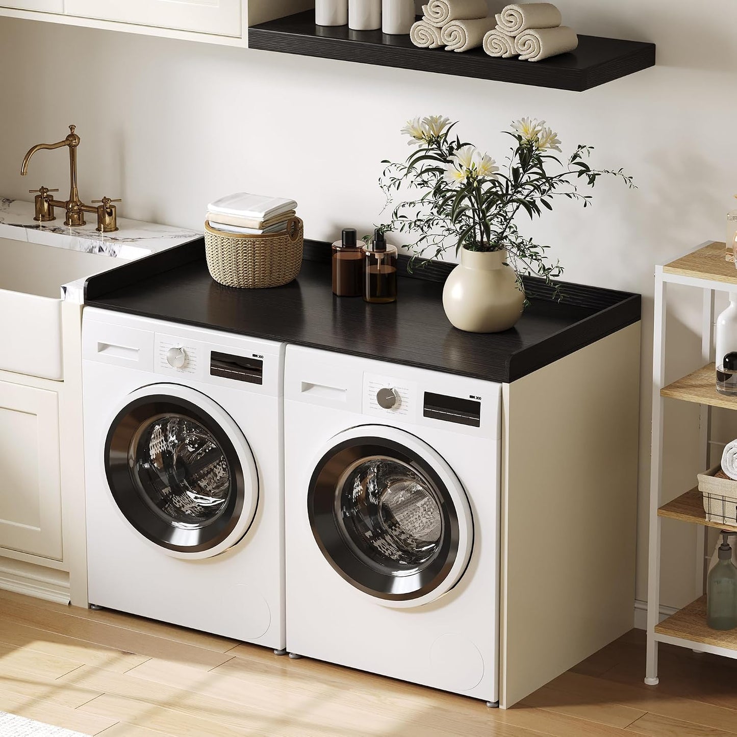 ChooChoo 2-Tier Washer Dryer Countertop with Adjustable Shelf, Spacious Laundry Room Storage for Folding Clothes and Efficient Organization, Walnut