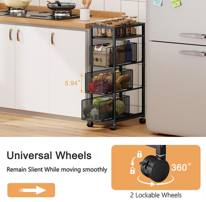 4 Tier Kitchen Rolling Cart, Kitchen Storage Cart with Wheels, Adjust Pantry Organizer and Storage Cart with Drawer, Fruit Vegetable Spice Storage Cart, Wooden Top Metal Kitchen Organizer Rack Stand