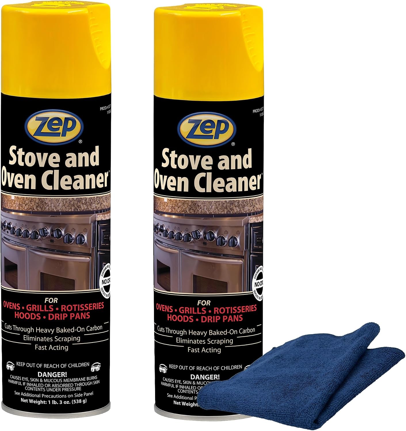 Zep Stove & Oven Cleaner 19 oz (2 Pack) + Blue Microfiber Rag | One 2-pack of 19 oz Zep Stove & Oven Cleaner plus one reusable blue microfiber rag for baked-on grease cleanup.