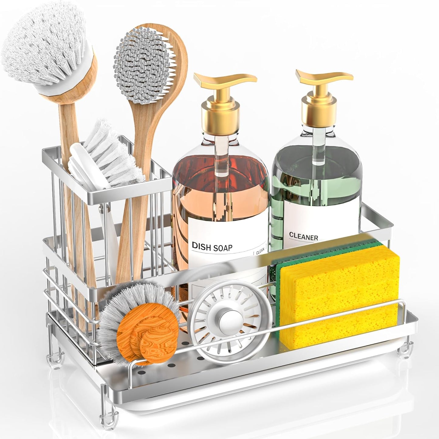 Cisily Large Capacity Kitchen Sink Caddy Organizer, Rustproof Non-Slip Sponge Holder With Dish Brush Holder Organizer, Kitchen Organization and Storage, Essentials Accessories for Countertop
