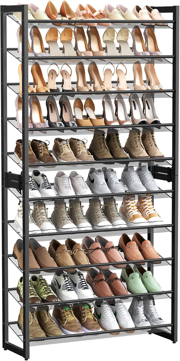 SONGMICS Shoe Rack, 12-Tier Shoe Organizer, Metal Shoe Storage for Garage, Entryway, Set of 2 6-Tier Stackable Shoe Shelf, with Adjustable Flat or Angled Shelves, Holds 48-60 Pairs, Black ULMR12B