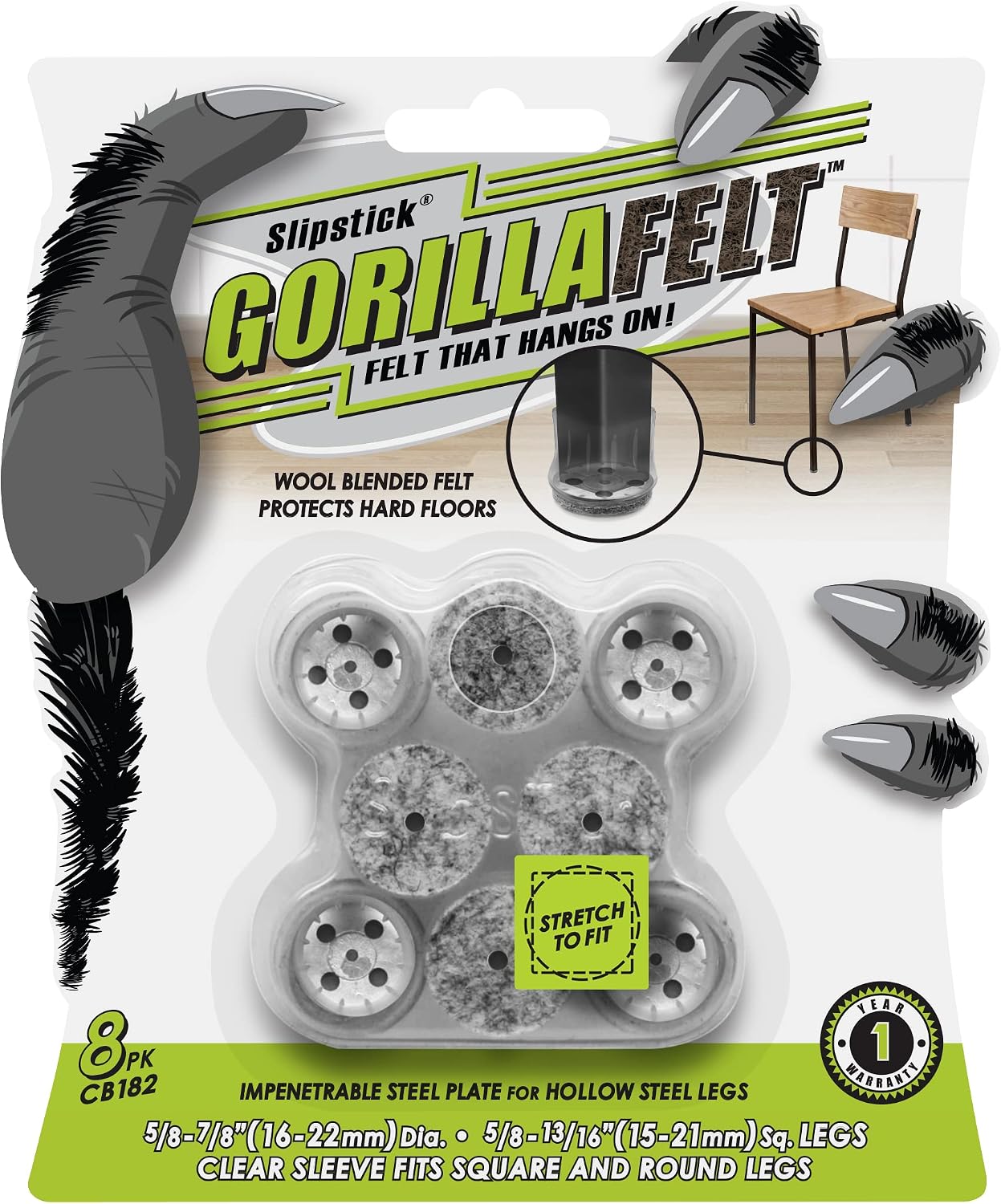 GorillaFelt Chair Leg Floor Protectors/Felt Chair Glides (Set of 16) Tap-On Felt Furniture Pads Guaranteed to Stay On, 1 Inch Round Chair Sliders
