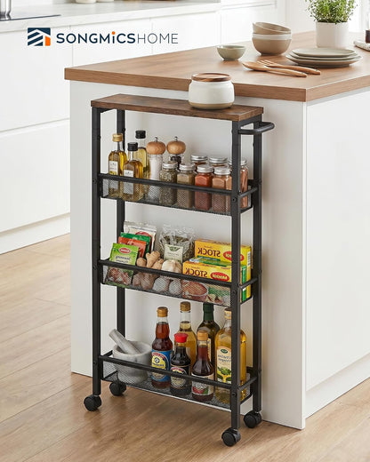 SONGMICS HOME Slim Rolling Cart, 4-Tier Storage Cart with Wheels and Handle, Narrow Utility Cart for Kitchen, Living Room, Brown and Black