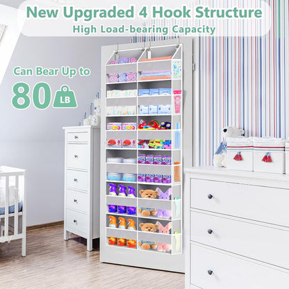 Heavy Duty Over The Door Organizer 5 Tiers, Extra Large Behind Door Storage of 10 Big Front & 10 Mesh Pockets, 80lb Weight Capacity, Hanging Doors Storage Organizer for Closet Bedroom Nursery, Grey