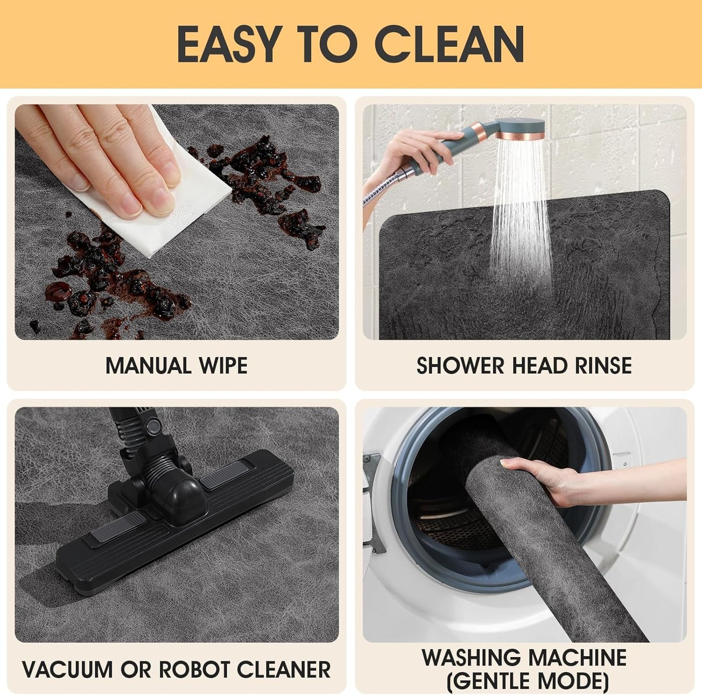 ACCUMTEK Non Slip Bath Mat, Thin Bathroom Rugs Fit Under Door, Quick Dry Bath Mats, Machine Washable Bath Rugs for Bathroom, Bathtub & Kitchen, Grey/Bordered/24 x17