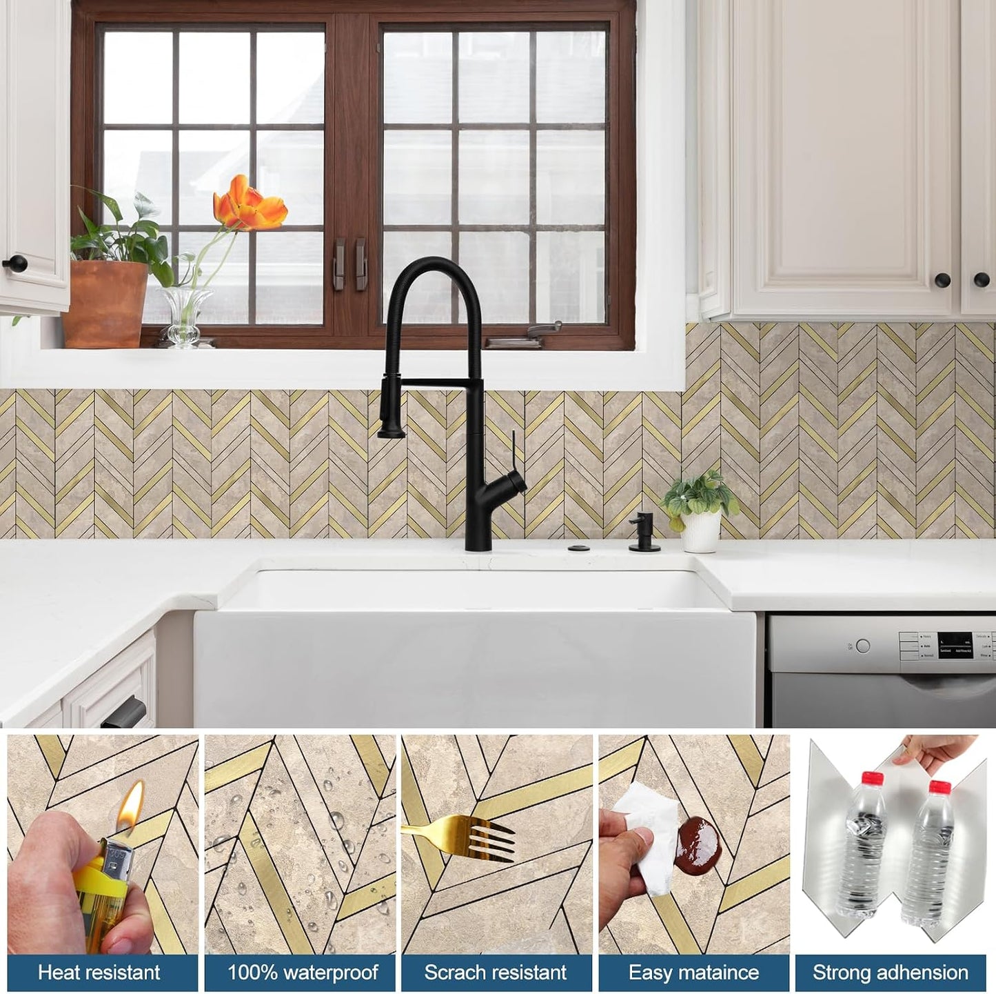 Yipscazo 10-Sheet Herringbone Backsplash Peel and Stick Tile, Polished White PVC Stick on Backsplash for Kitchen, Waterproof Self Adhesive Wall Tile for Bathroom
