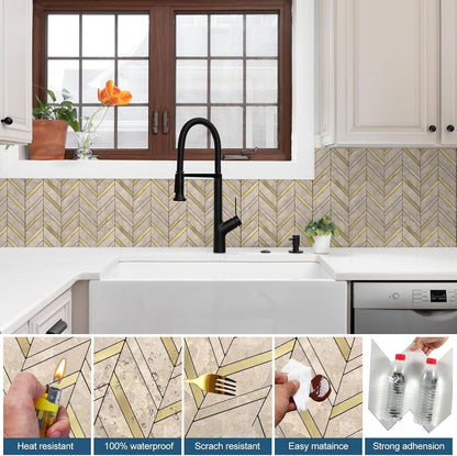 Yipscazo 10-Sheet Herringbone Backsplash Peel and Stick Tile, Polished White PVC Stick on Backsplash for Kitchen, Waterproof Self Adhesive Wall Tile for Bathroom