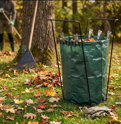 Trash Bag Holder Stand, Outdoor Garden Garbage Bag Holder Holds 30-45 Gallon Bags, Metal Leaf Bag Holder Stand with 4 Fixing Clips and 2 Garbage Bags, For Outdoor Yard Camping Garden Lawn