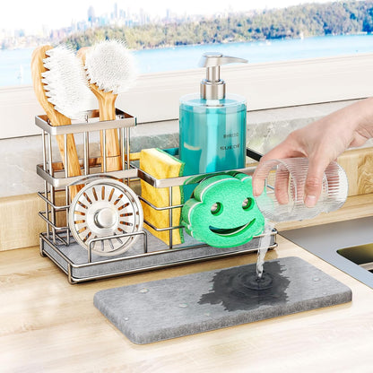 SWTYMIKI Sponge Holder for Kitchen Sink - Sink Caddy with Brush Holder and Stainless Steel Self Drain Tray, Sponge Caddy Organizer with Divider Kitchen Accessories Storage for Countertop, Black