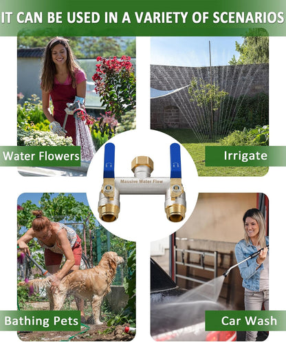 Hose Splitter 2 Way Heavy Duty, Garden Hose Splitter with 304 Stainless Steel Long Handle, Full Flow Brass Nickel Plated Water Hose T Spigot Splitter Adapter Connector, 3/4 - Inch GHT Thread (Blue)