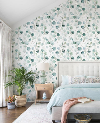 HAOKHOME Peel and Stick Wallpaper Boho Green/White Botanical Leaf Floral Wall Mural Home Nursery Decor Renter Friendly Wallpaper 17.3in x 9.8ft