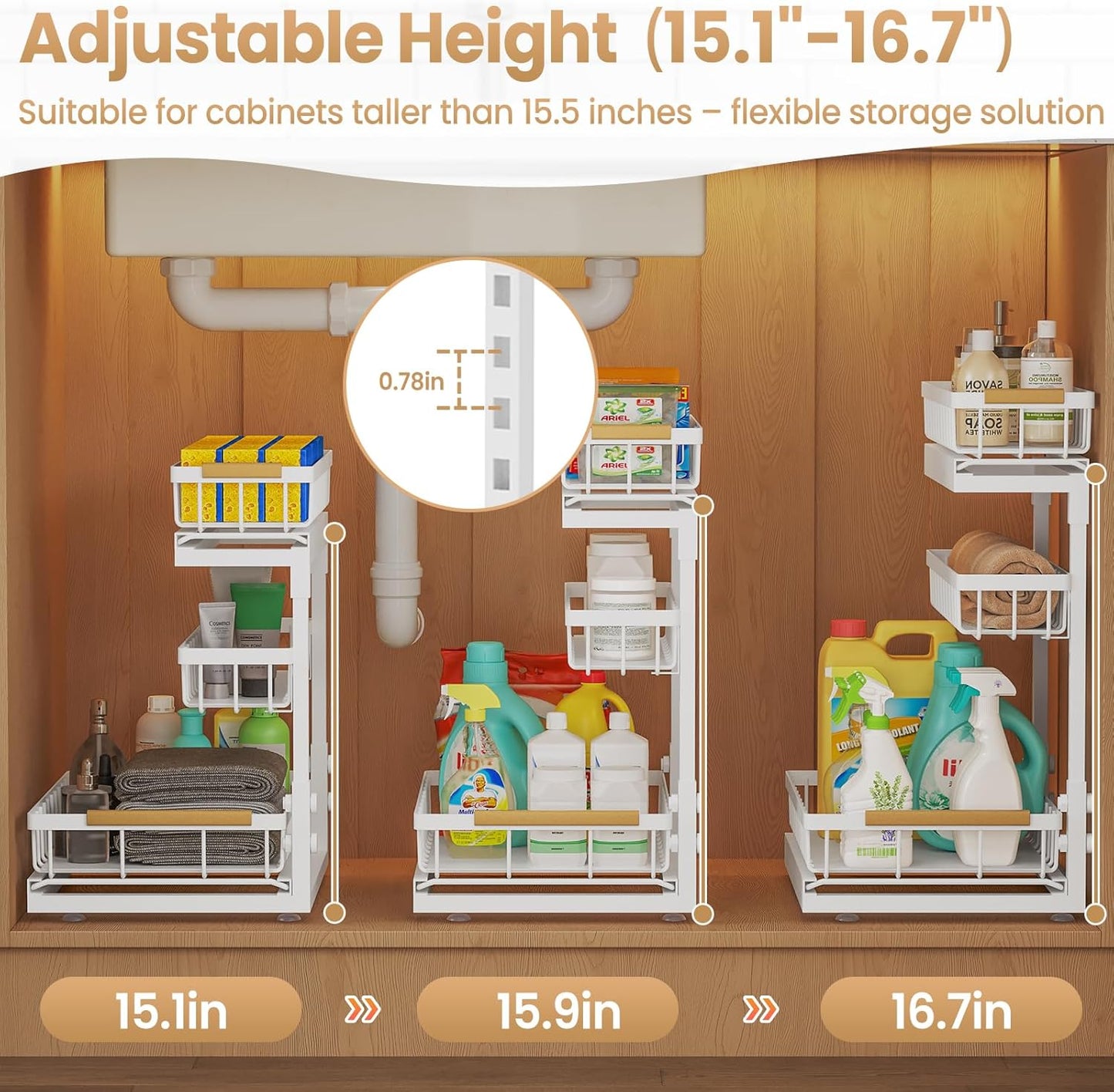 Under Sink Organizer and Storage for Bathroom and Kitchen - 2 Pack 3 Tier Under Cabinet Pull Out Shelf Organizers - Slide Out Drawer Organization for Home Cabinets Shelves and Drawers