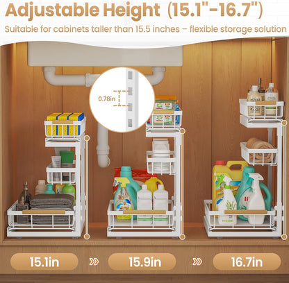 Under Sink Organizer and Storage for Bathroom and Kitchen - 2 Pack 3 Tier Under Cabinet Pull Out Shelf Organizers - Slide Out Drawer Organization for Home Cabinets Shelves and Drawers