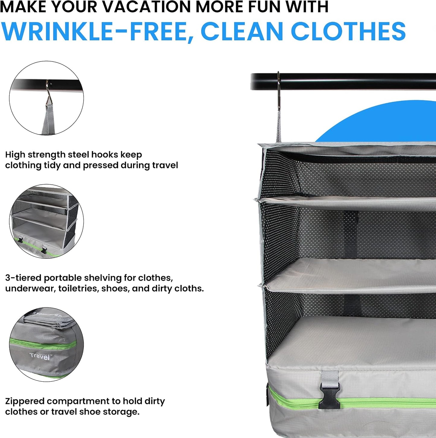 Grand Fusion Stow-N-Go Hanging Travel Shelves, Packing Organizer for Luggage. Carry on Closet for Suitcase. Expandable Packing Cube. Travel Essentials. (Black - L, L = (L) 11.8" x (W) 11.8")