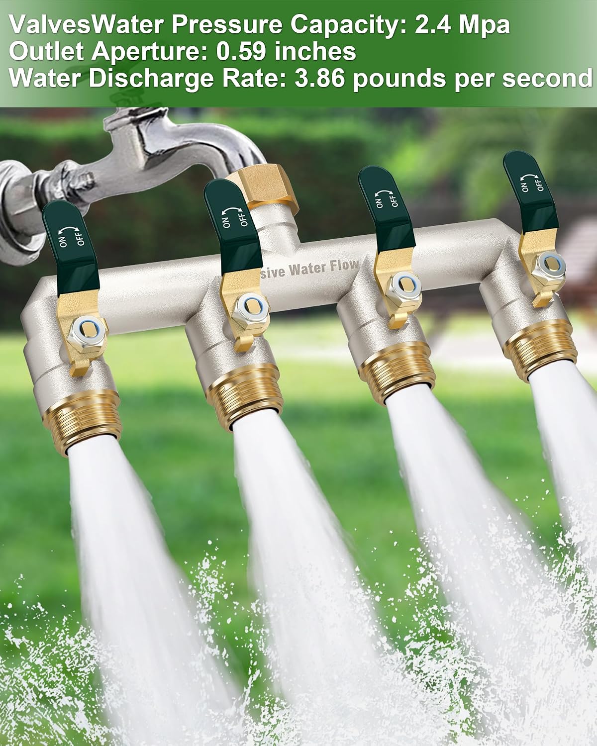 4 Way Hose Splitter, Heavy Duty Full Flow Garden Water Hose Bib Spigot Splitter, Brass Rust and Freeze Resistant Outdoor Faucet Splitter, T Adapter Connector with 3/4 - Inch GHT Thread （Black）