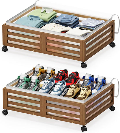 Under Bed Storage with Wheels-Large Bamboo Underbed storage Containers with Large Dust Bag Stackable Under the Bed Shoe Storage Bins for Clothes Books Bedding (2 Packs Nature, 23.62"L×16.54"W× 6.51"H)