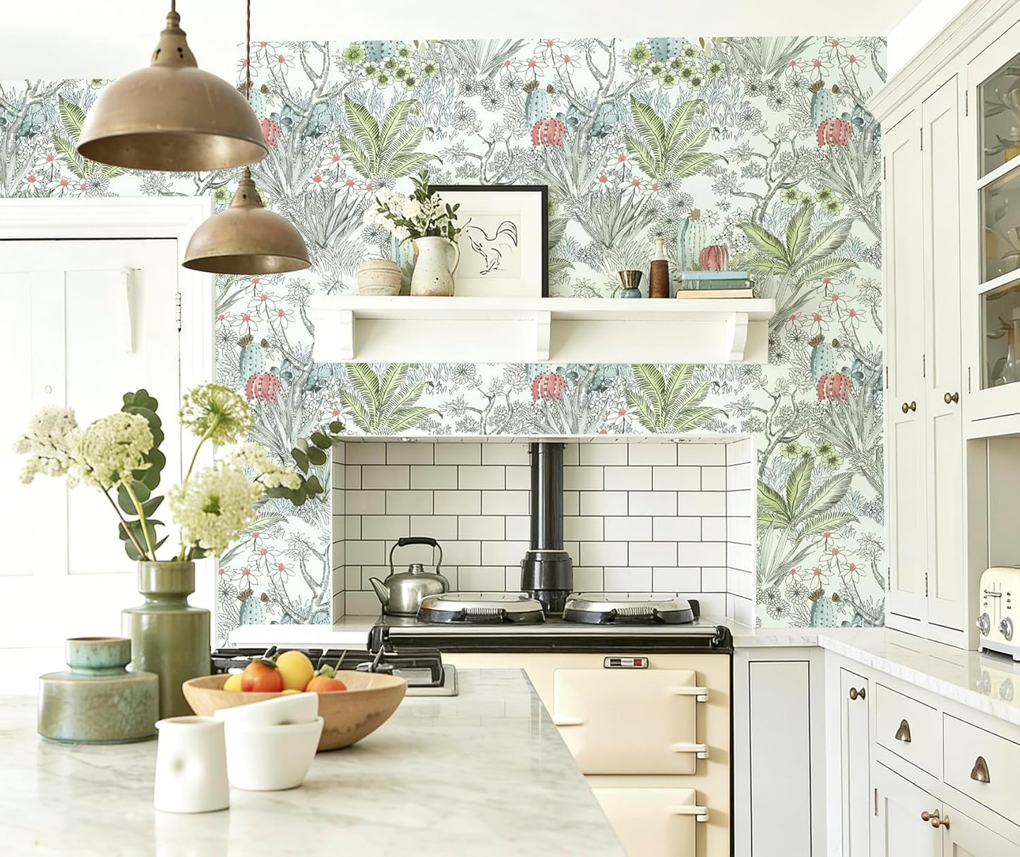 Wudnaye Boho Peel and Stick Wallpaper Catus Wallpaper 17.7" x 118.1"Vintage Floral Wallpapers Peel and Stick Botanical Removable Wall Paper Boho Self Adhesive Contact Paper for Bathroom Cabinets