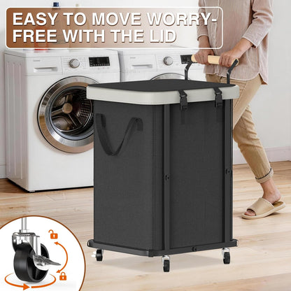 Rolling Laundry Hamper with Wheels, Laundry Hamper 3 Section with Lid, Laundry Basket with Rolling Lockable Wheels and Handle, Laundry Basket Organizer for Laundry Room, Bedroom 230L Black