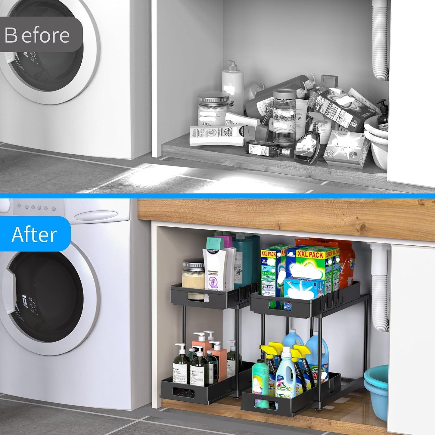 2 Pack Under Sink Organizer with Pull-Out Drawer, Black | 2-Tier Cabinet Storage, Kitchen & Bathroom, Tool-Free Assembly, Fits Cleaning Supplies & Toiletries, Space Saving
