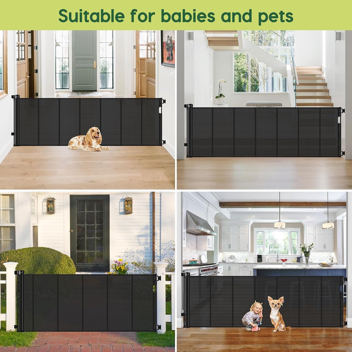 Reinforced 55" Wide Retractable Baby Gates with Reinforced Strips, Indoor/Outdoor Retractable Dog Gate for Doorway Prevent Bottom Drilling Through, No Bottom Bar Safety Mesh Baby Gate for Stair, Black