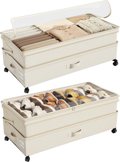 Kitstorack Under Bed Storage with Wheels 2Pack Height-adjustable Under Bed Storage Containers,Under Bed Shoe Storage Organizer with Clear Window&Label, Suitable for Clothes Storage, Gray