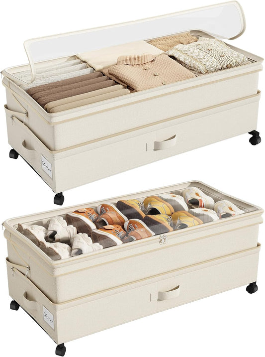 Kitstorack Under Bed Storage with Wheels 2Pack Height-adjustable Under Bed Storage Containers,Under Bed Shoe Storage Organizer with Clear Window&Label, Suitable for Clothes Storage, Gray