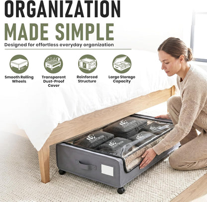 60L Under Bed Storage with Wheels | 2-Pack Rolling Underbed Storage Containers Clear Lids | Includes 6 Travel Bags - Heavy Duty Organizer for Clothes, Shoes, Comforters & Toys-Light Gray