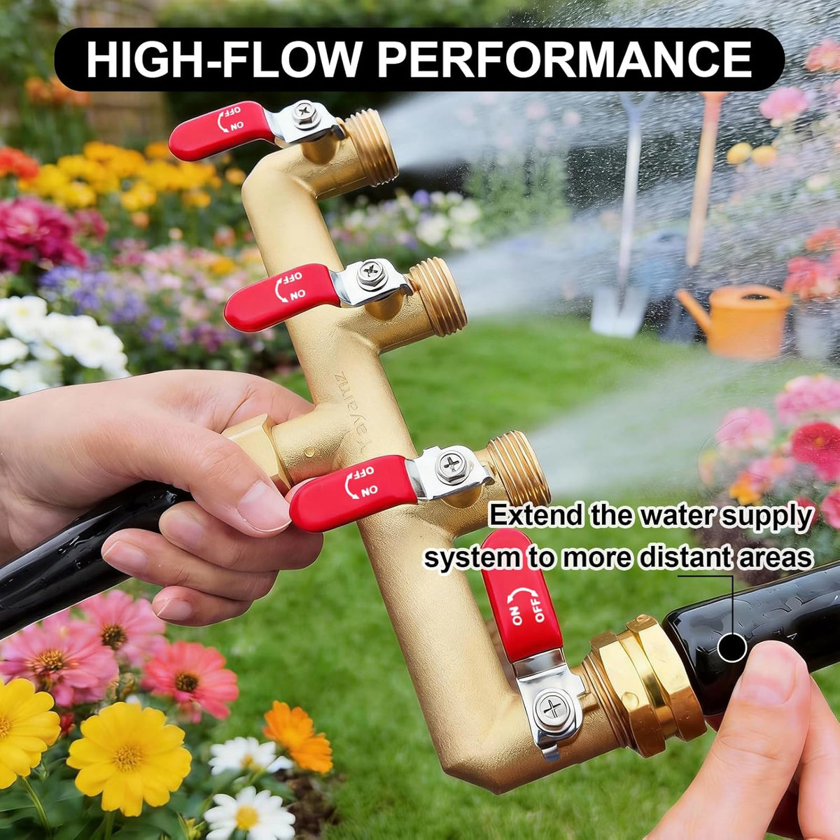 Garden Hose Splitter, 3/4” Rust and Freeze Resistant Outdoor Hose Manifold with 2 Green Extra Long Handles Faucet Adapter-Heavy Duty Brass 2-Way Valve