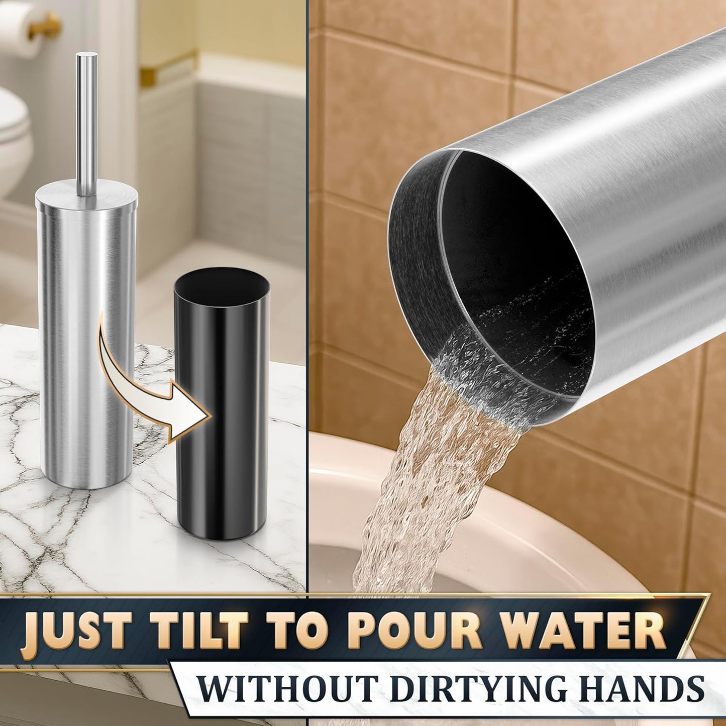 Black Toilet Brush and Holder Set - Slim Matte Design that Fits Anywhere - Stainless Steel Toilet Bowl Brush and Holder with 2 Rounded Corners, Replaceable Head, Removable Inner Bowl & Splash Guard
