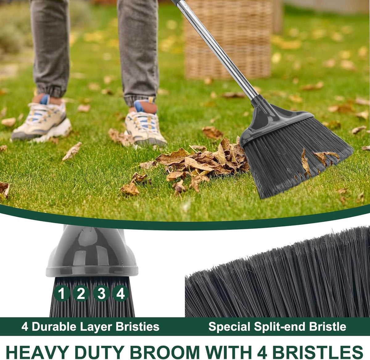 Broom Outdoor Indoor Commercial Broom with 50 inches Long Handle,Perfect for Home Courtyard Garage Kitchen Office Lobby Room Floor(Black)