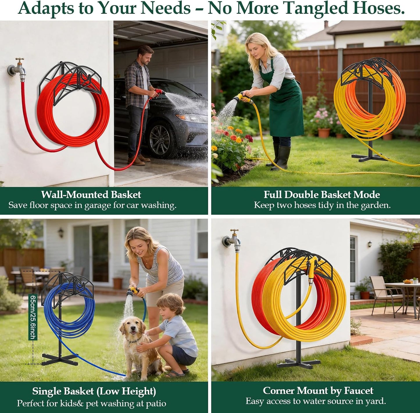 WellSign Garden Water Hose Holder Freestanding or Wall Mount, Metal Heavy Duty Hose Hanger Storage Stand Holds 2 Pcs 160Ft Hose for Outside Yard Lawn Farm with 90° Rotatable Hook for Storing Faucets